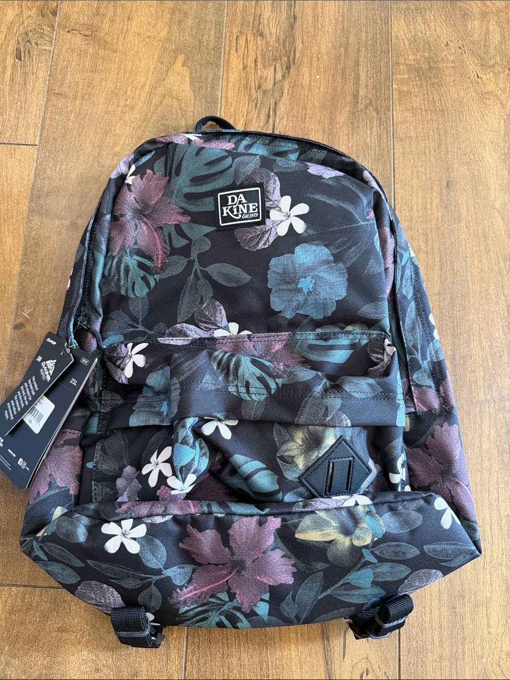 Dakine Black Floral Backpack with Teal, Mauve & White Accents